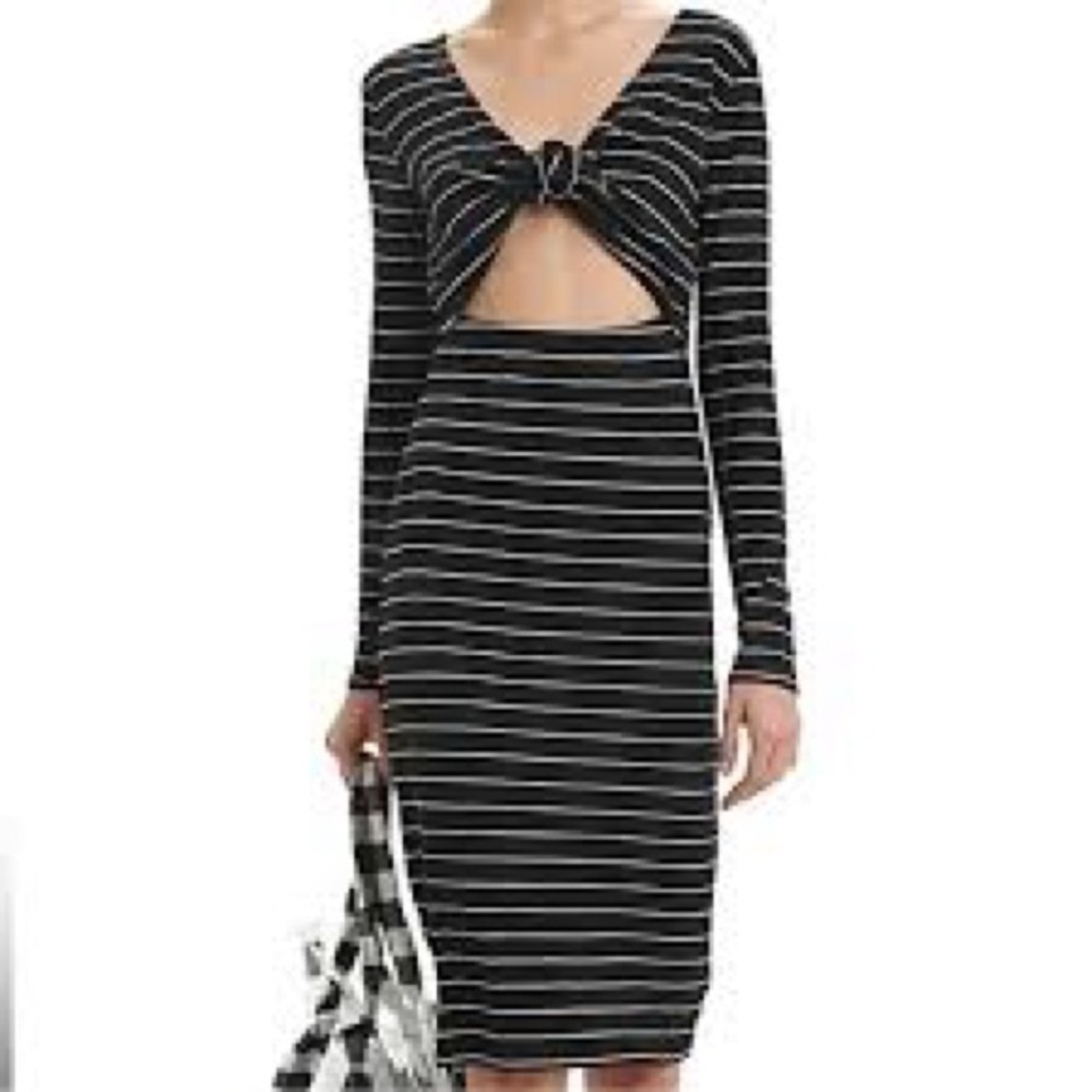 INTERMIX Navy White Stripe Rib Knit LS dress with Front tie detail